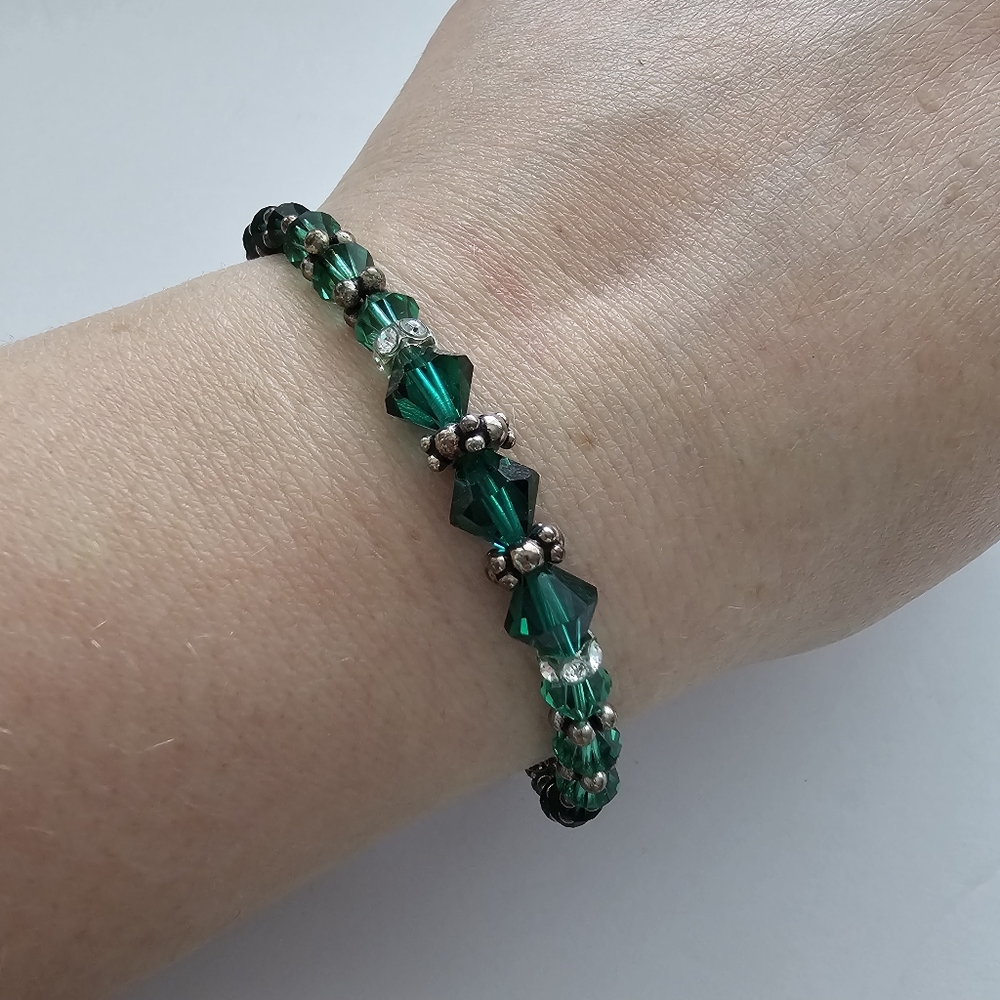 Brighton Emerald Green Crystal Beaded Bracelet Heart Toggle & Charm Silver Tone